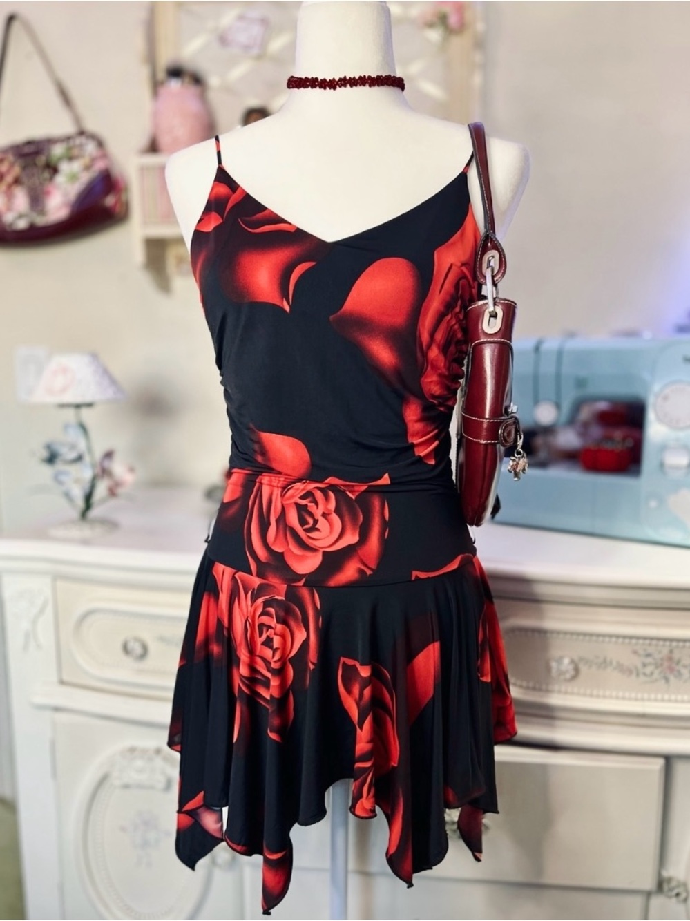 Y2K Whimsical Black Slip Dress with Red Rose Print and Handkerchief Hem